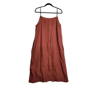 Linenfox Terracotta Rust Linen Spaghetti Strap Midi Dress Pockets Large